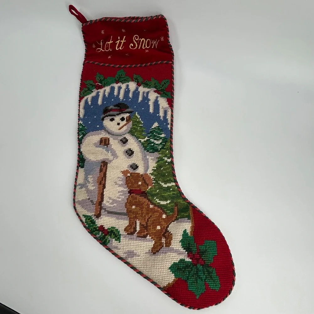 Vintage Needlepoint Christmas Stocking Let It‎ Snow Snowman Dog Holiday Decor